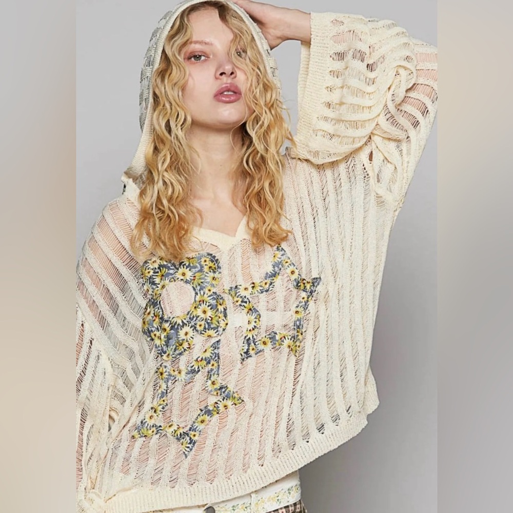 POL destructed Lg mixed media long sleeve hoodie sweater top star details NEW